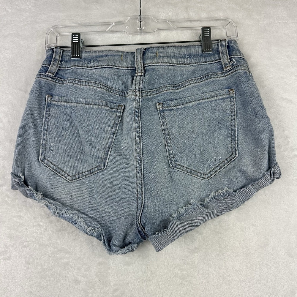 Eunina Womens Size M Kara Super High Rise Raw Hem Blue Jean High Low Roll Shorts - Picture 10 of 15